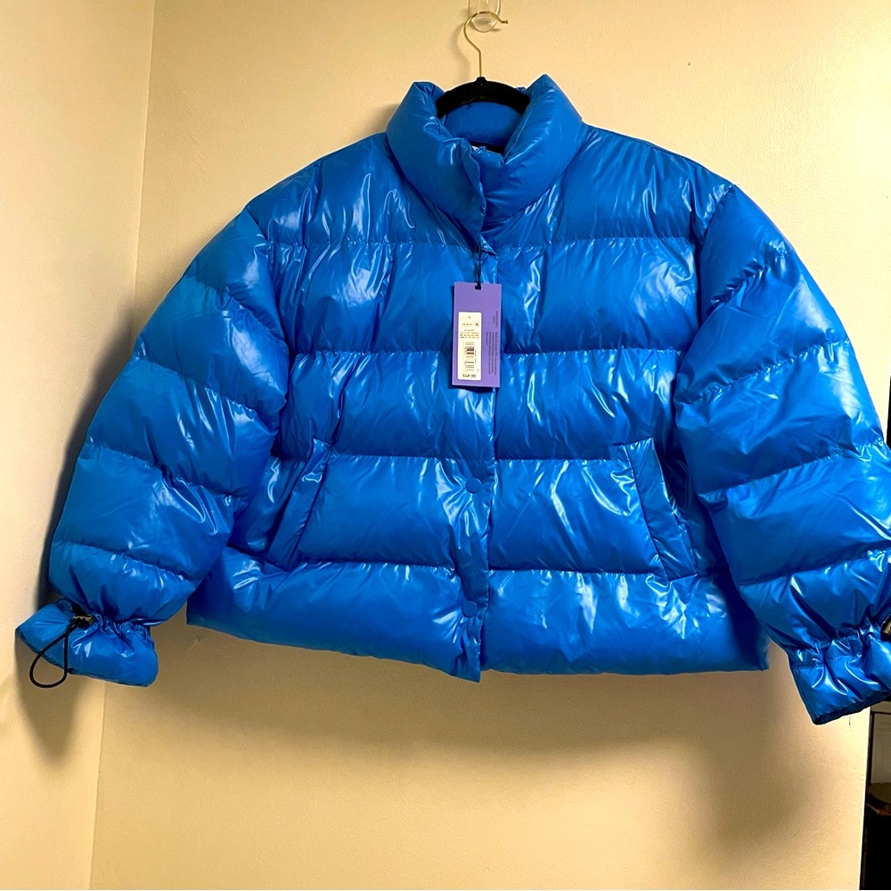 Future Collective Kahlana Barfield  Glossy Puffer Crop Jacket Blue  Size L